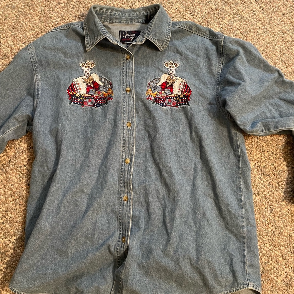 Vintage Let’s Quizz Again NY Cat Fish Embroidered Button-Down Denim Shirt Medium